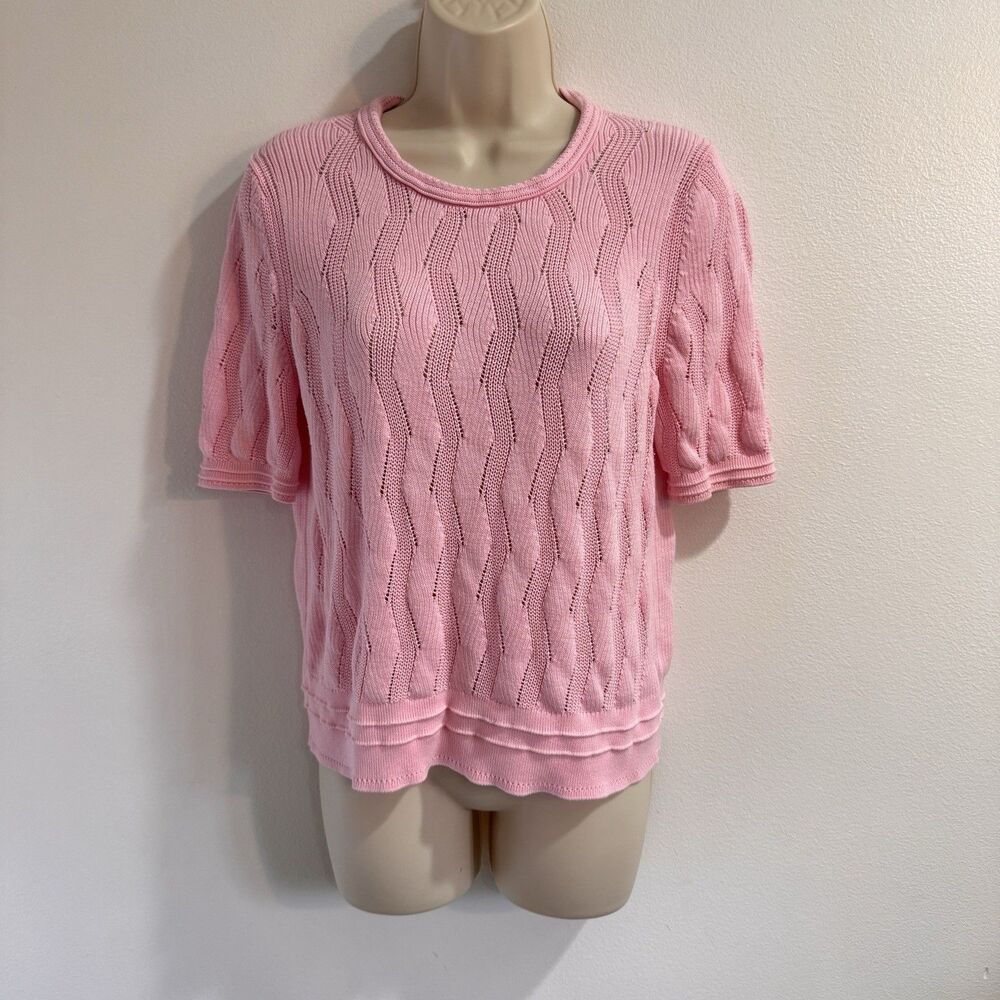 Talbots Sweater Shirt LP Petite Pink Open Cotton Knit Short Sleeve Preppy